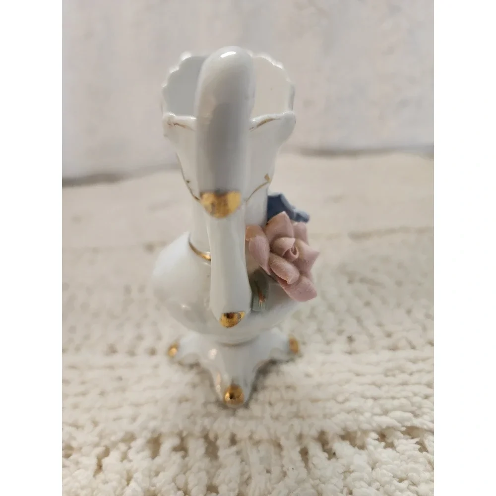 Vintage Mini Porcelain Pitcher Vase Applied Pink Blue Roses Gold Trim Made...